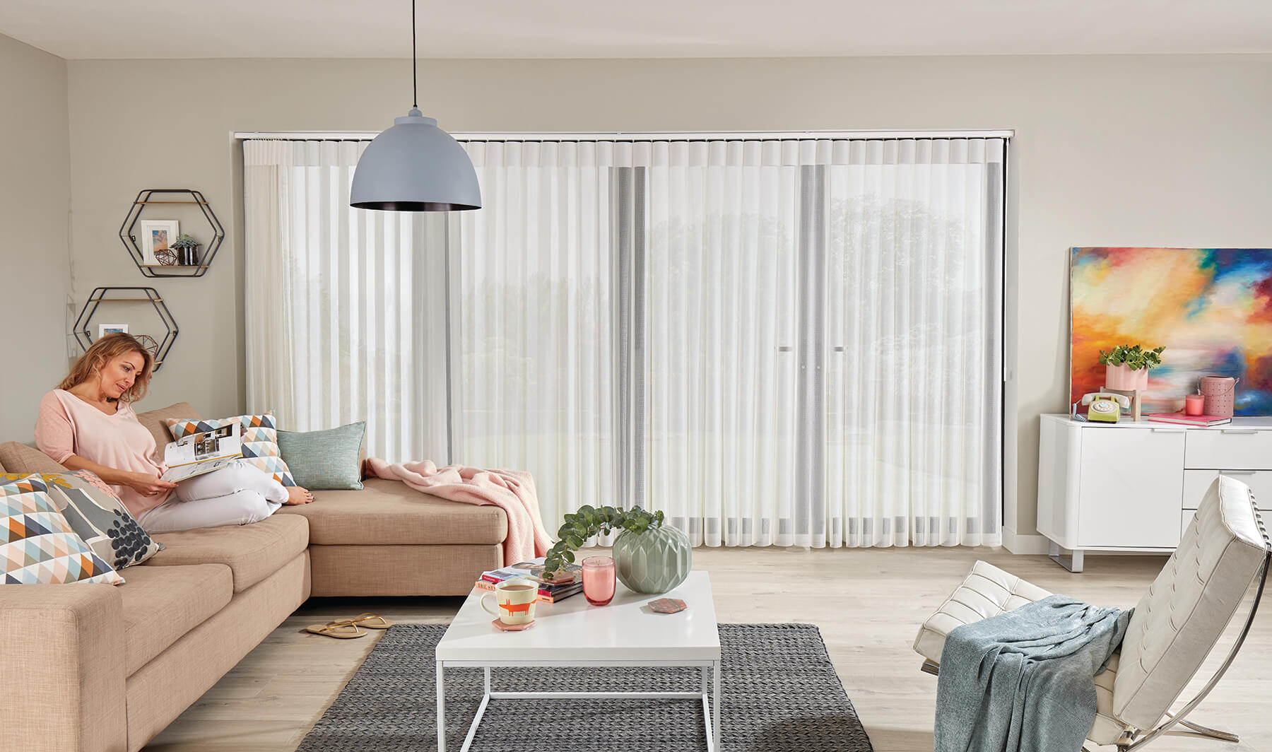 Allusion Blinds - Vista Snow Daytime view with Privacy
